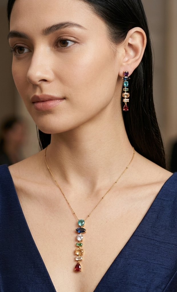 Anti Tarnish_Multicolour Gemstone Drop Pendant Necklace Set