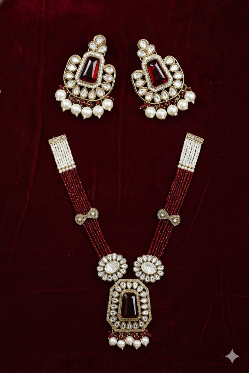 Kundan Polki_Long Crystal Chain Necklace Set
