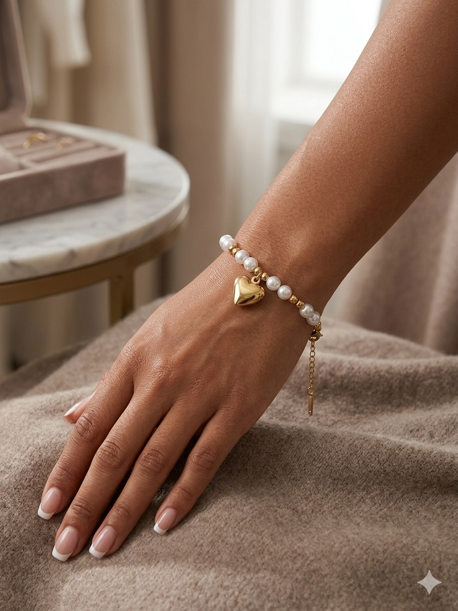 Anti Tarnish_Romantic Pearl and Heart Gold Bracelet