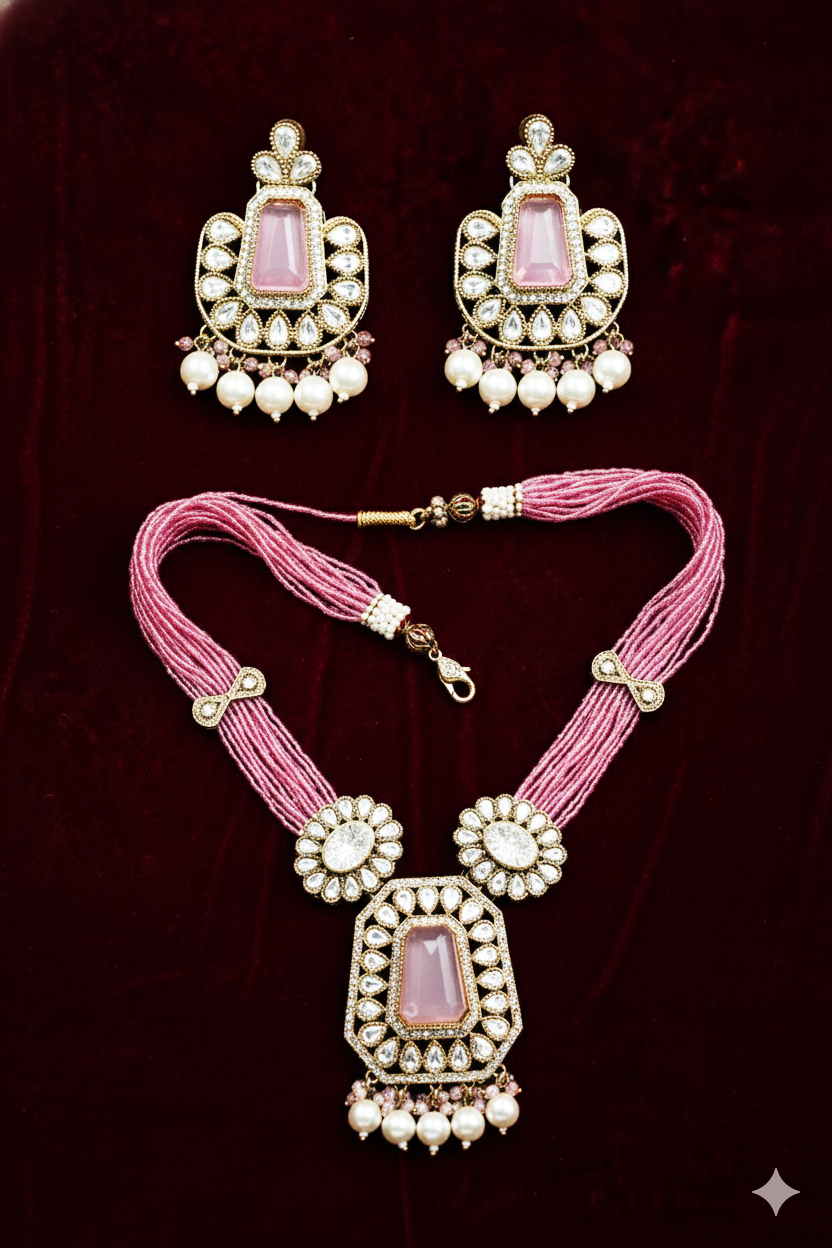 Kundan Polki_Long Crystal Chain Necklace Set