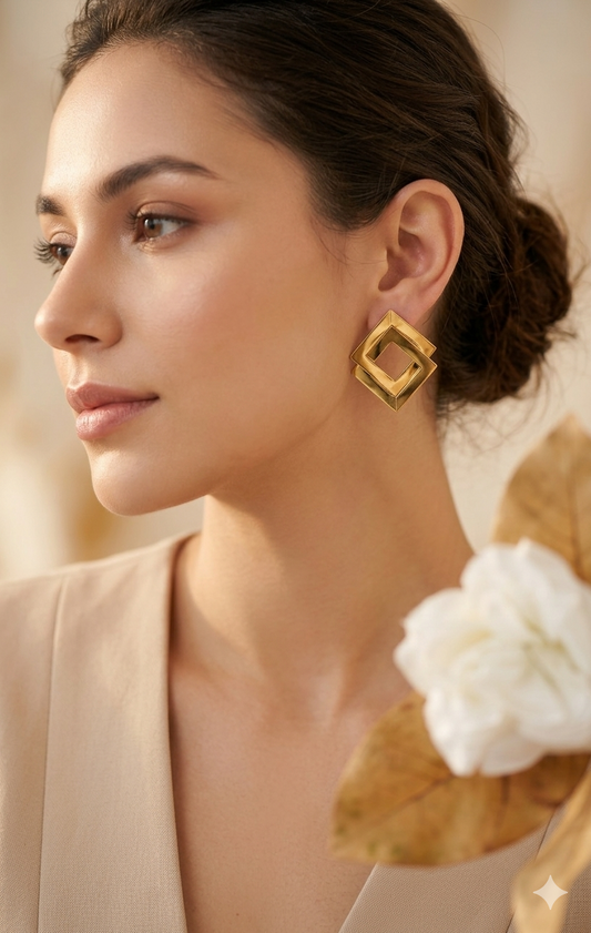 Anti Tarnish_Gold Plated Square Shaped Drop Earrings