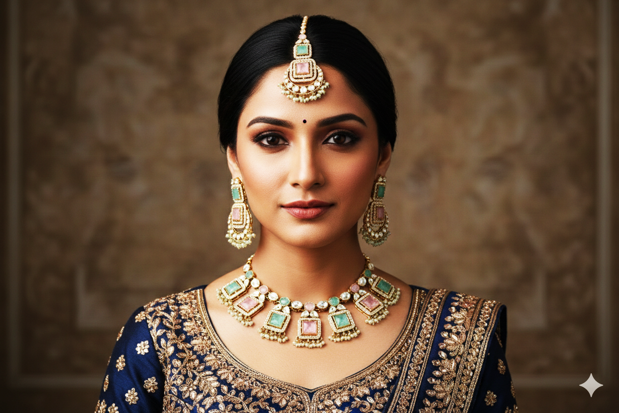 Kundan Polki_Multi Colour Semi Bridal Necklace Set