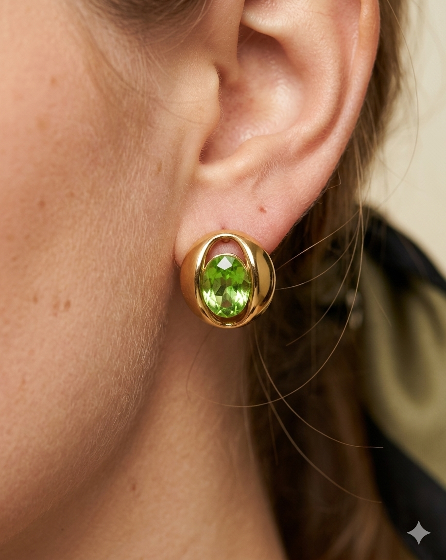 Anti Tarnish_Gold Plated Oval-Cut Green Stud Earrings