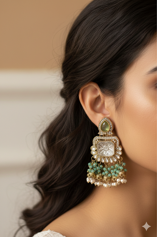 Kundan Polki White Stone & Green pistachio Pearl Earring