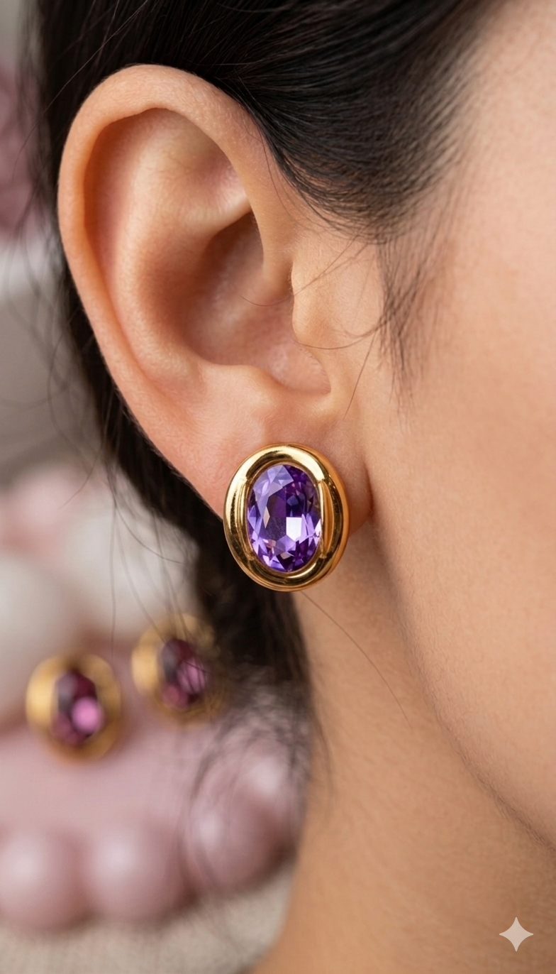 Anti Tarnish_Oval-shaped faceted stones Stud Earrings