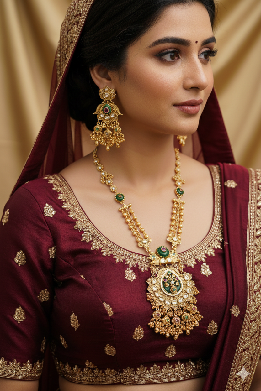 Brass_Gold Plated Rajwari Style Long Chain Necklace Set