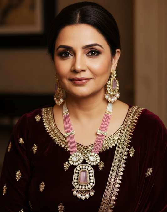 Kundan Polki_Long Crystal Chain Necklace Set