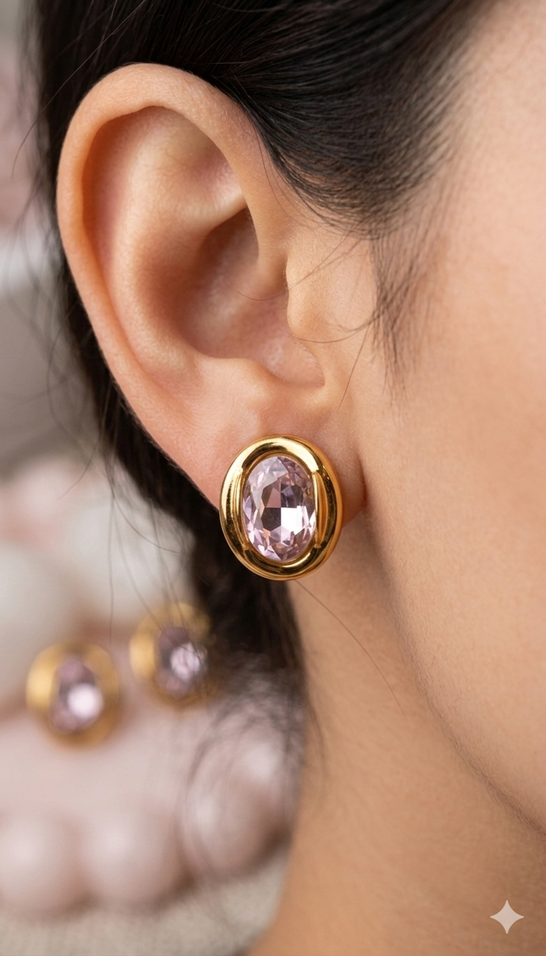 Anti Tarnish_Oval-shaped faceted stones Stud Earrings