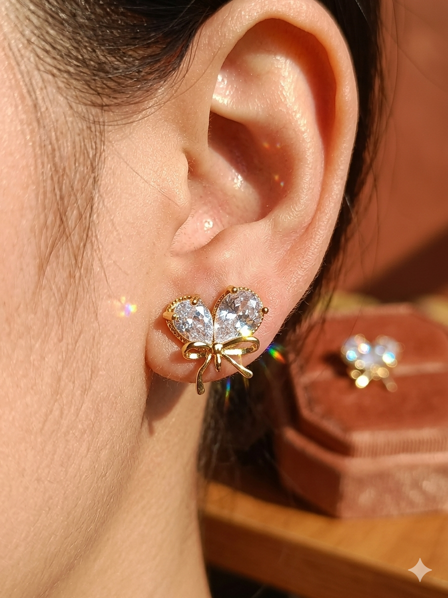 Anti Tarnish_Gold Plated Zircon Stone Bow-Shaped Stud Earrings