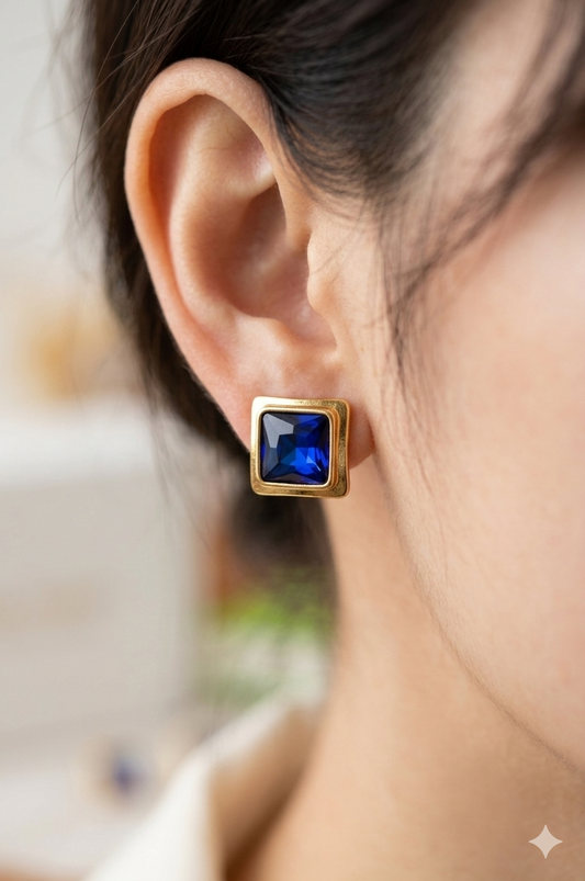 Anti Tarnish_Gold-Plated Princess Cut Stud Earrings