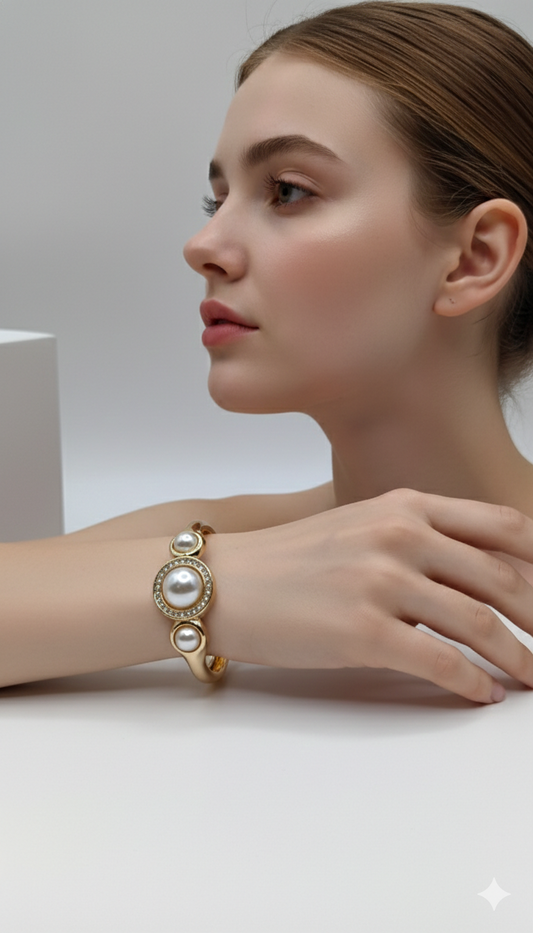 Anti Tarnish-Round Pearl & Gemstone Bangle Bracelet