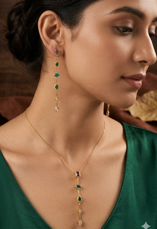 Anti Tarnish_Gold Plated Multi Gemstone Vertical Pendant Set