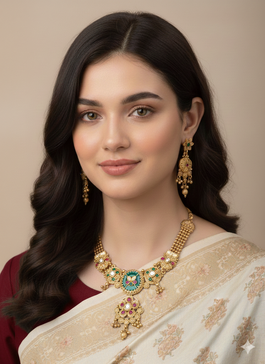 Brass Necklace- Premium Green & Red Stone