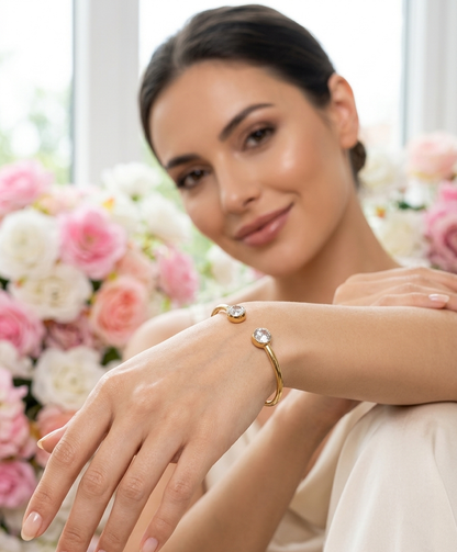 Anti Tarnish_Gold Plated Open Cuff Bracelet with Zirconia Stones