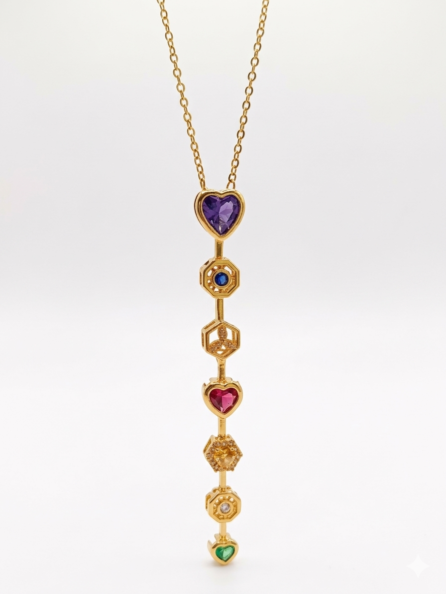 Anti Tarnish_Rainbow Stone Vertical Bar Necklace