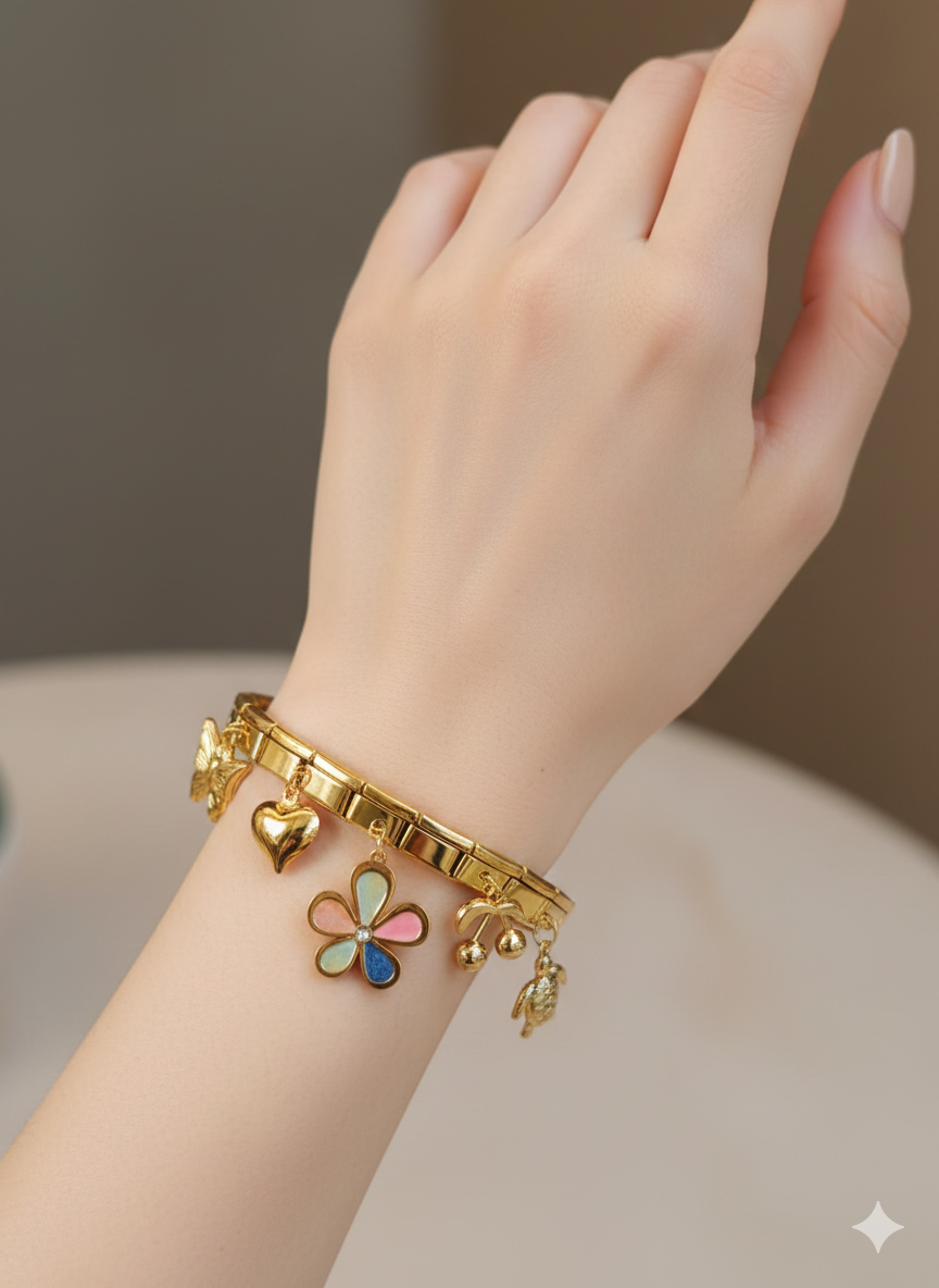 Anti Tarnish_Gold Charm Bracelet with Floral Pendants