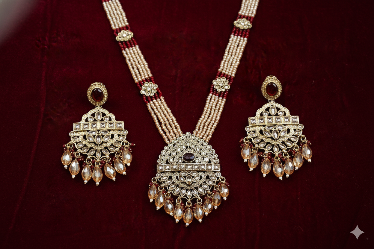 Kundan Polki_Crystal Pearl Long Chain Necklace Set