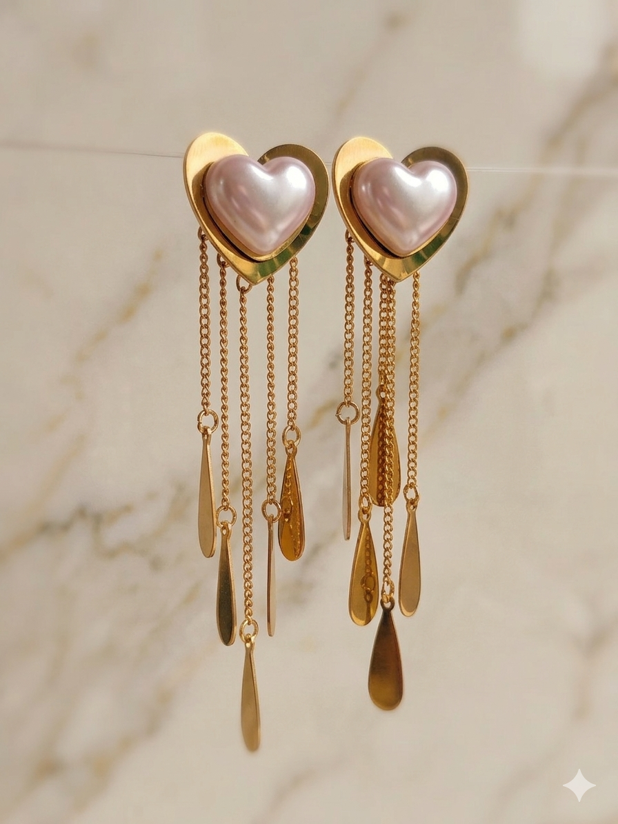 Anti Tarnish_Heart and Pearl Tassel Dangle Earrings