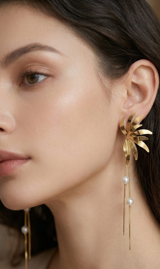 Anti Tarnish_Golden Leaf Pearl Drop Earrings
