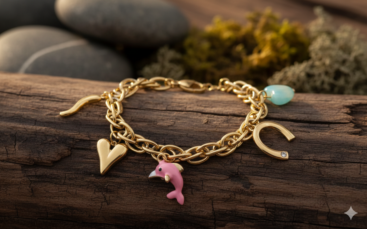 Anti Tarnish_Gold-Plated Charm Bracelet With Dolphin Gems
