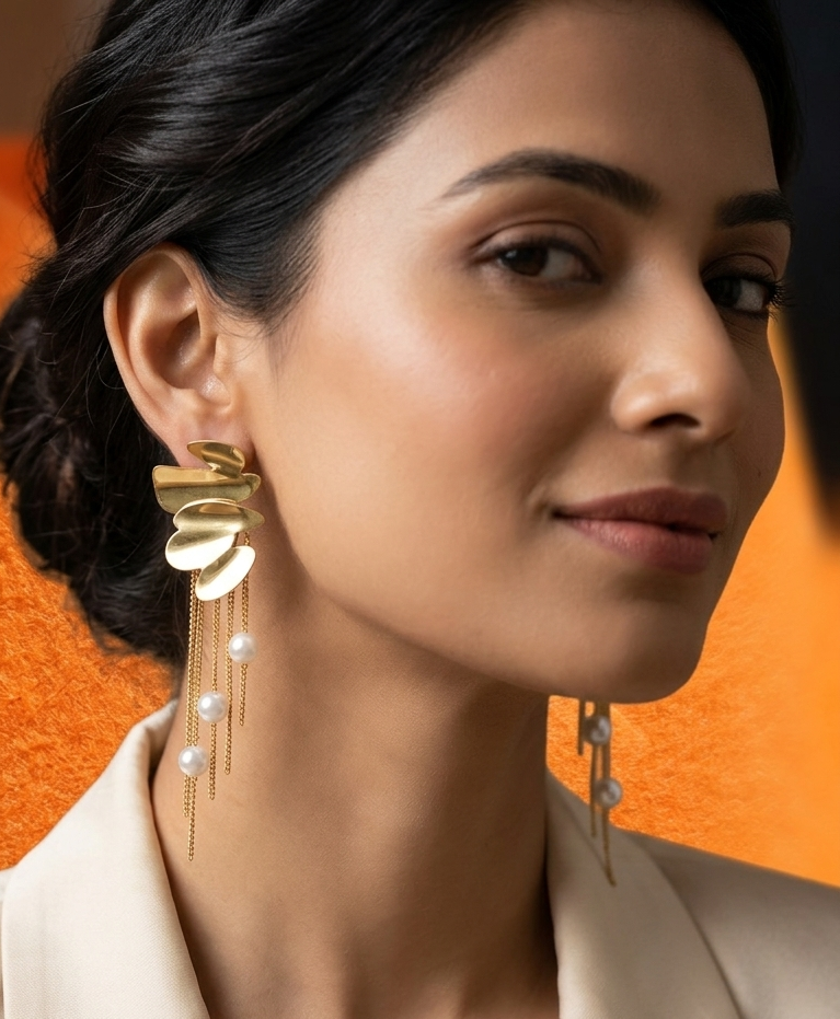 Anti Tarnish_Gold Plated Chunky Leaf Fan Shape Pearl Statement Earrings