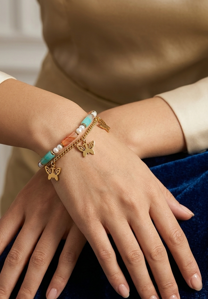Gold Plated_Butterfly Charm Beaded Bracelet