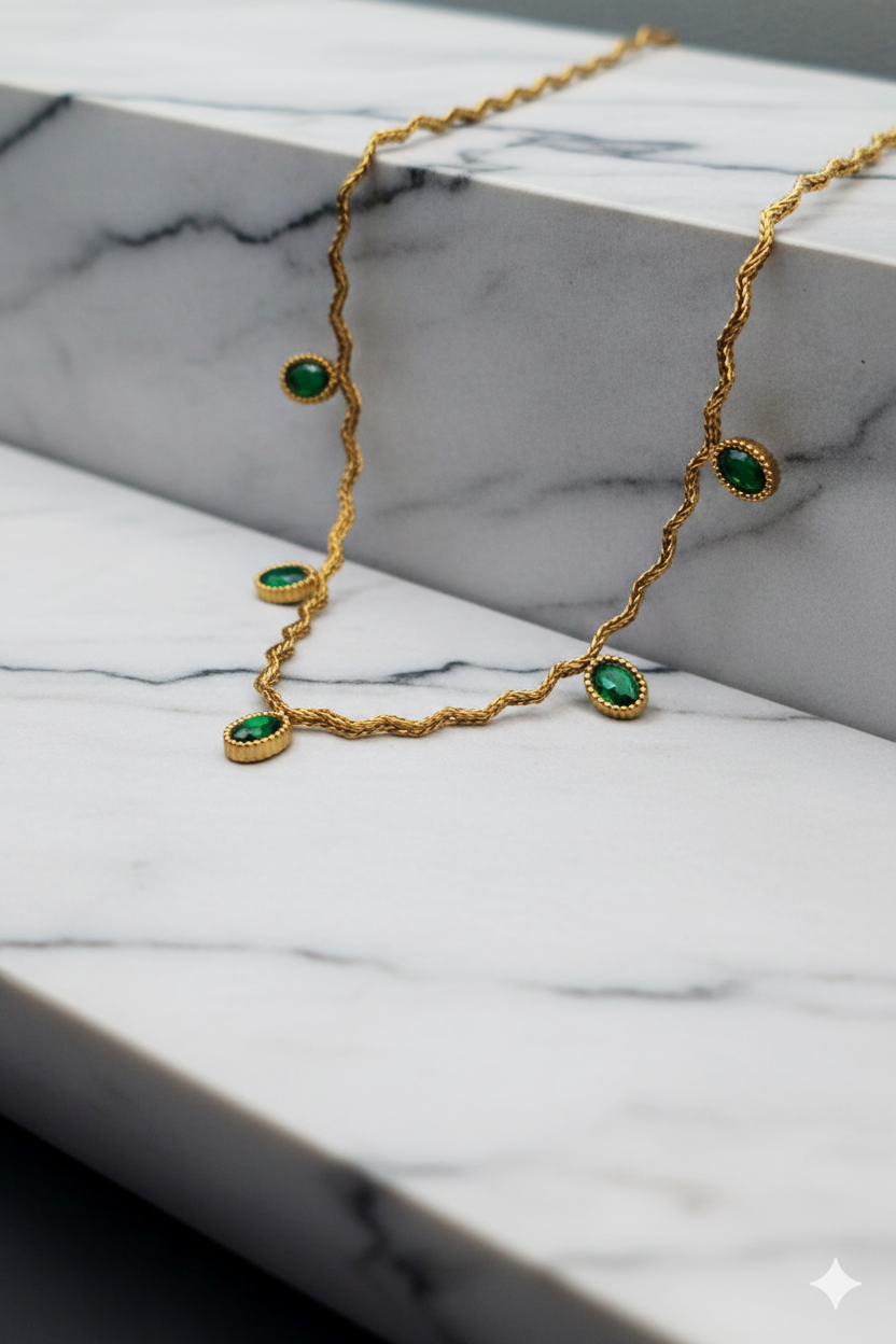 Anti Tarnish_Gold Plated Green Stone Necklace