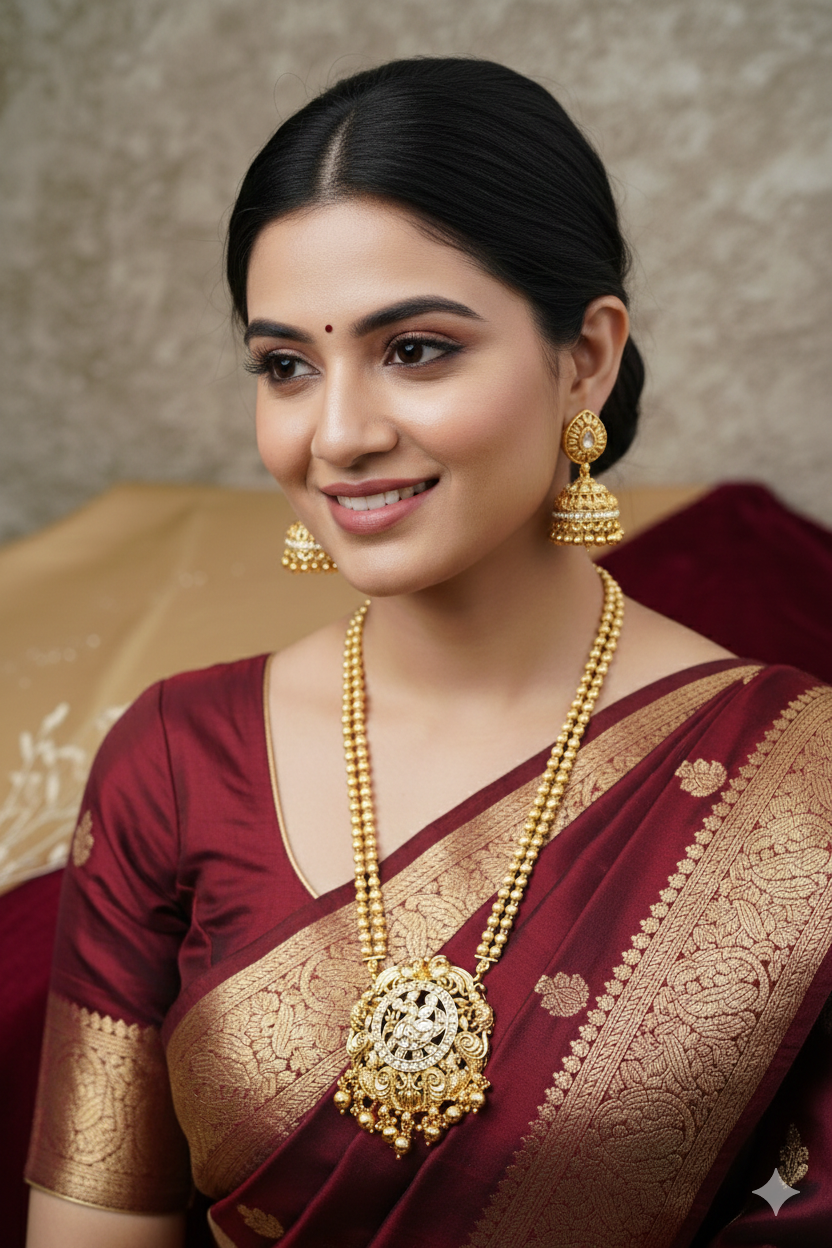 Brass_Gold Plated Paan Leaf Style long Chain Necklace Set
