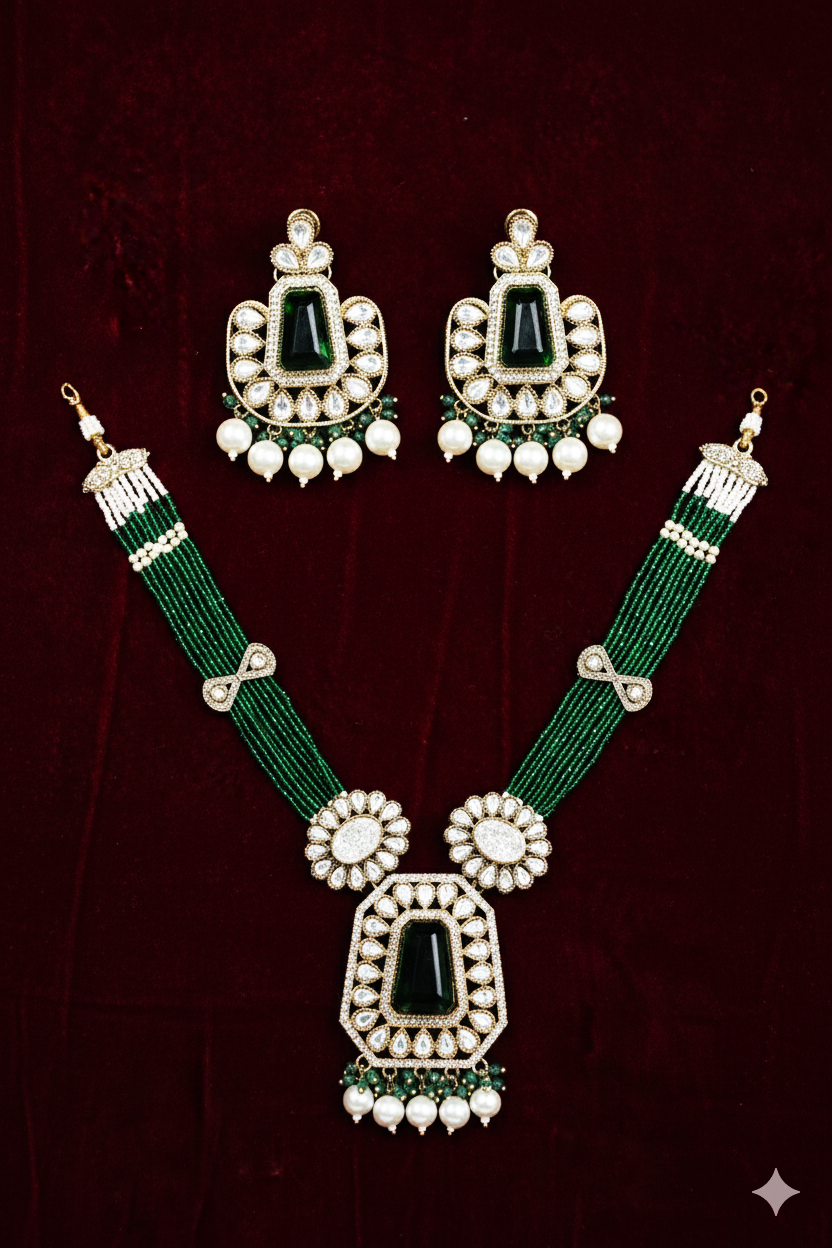 Kundan Polki_Long Crystal Chain Necklace Set
