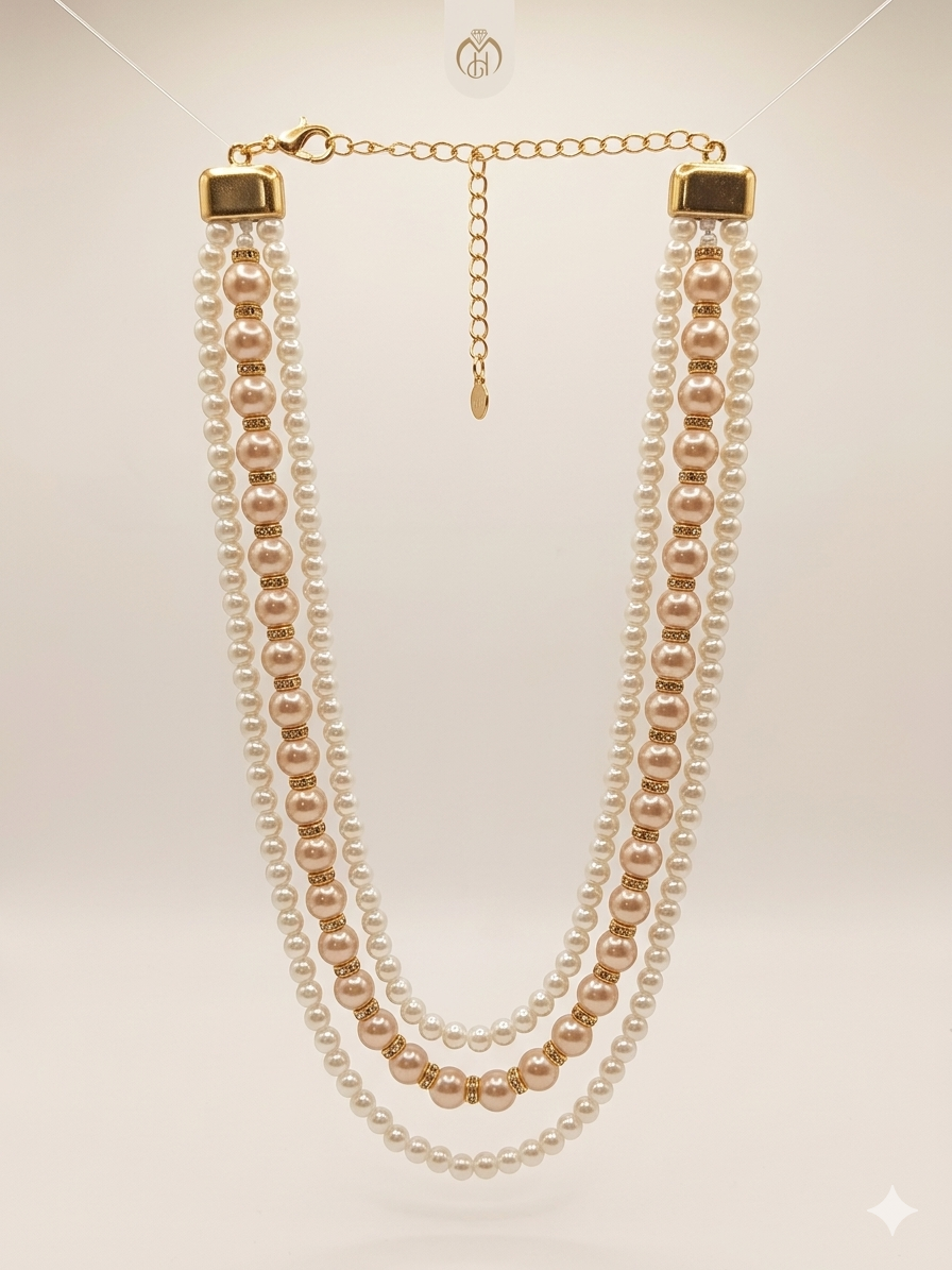Royal White & Rose Gold Pearls Layered Necklace