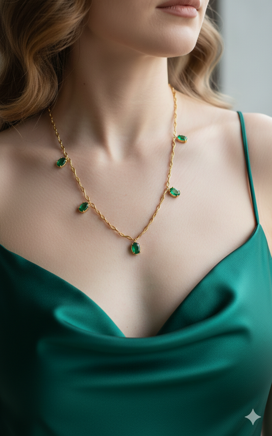 Anti Tarnish_Gold Plated Green Stone Necklace