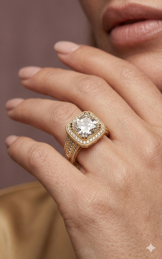 Gold Plated_Princess-Cut Halo Diamond Ring