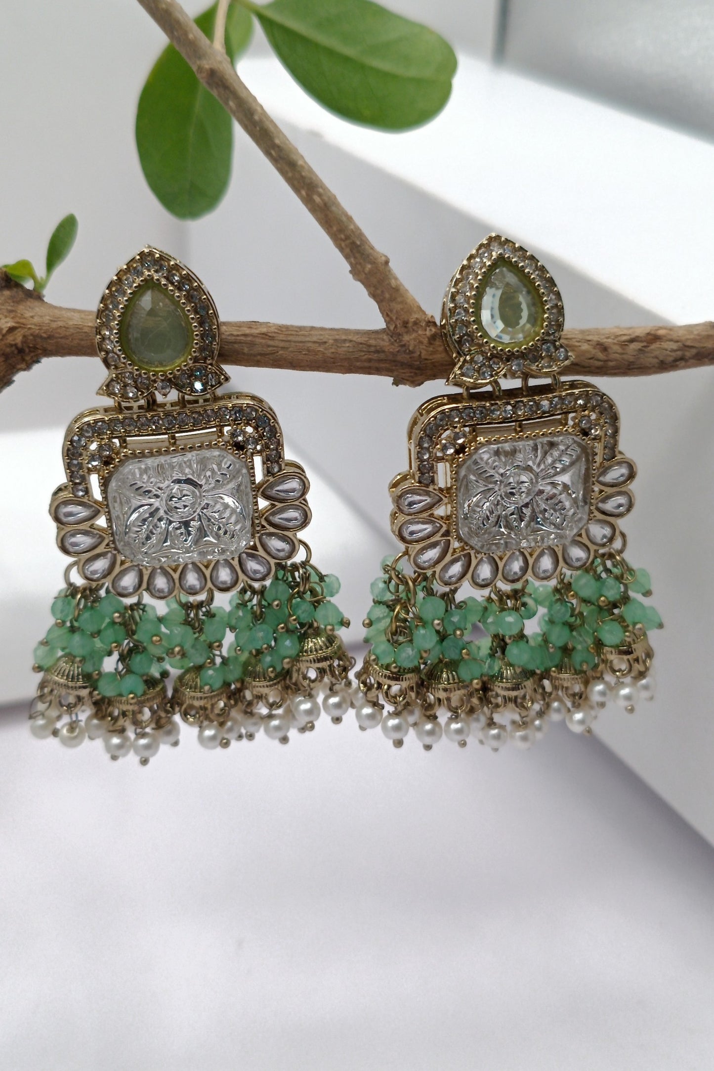 Kundan Polki White Stone & Green pistachio Pearl Earring