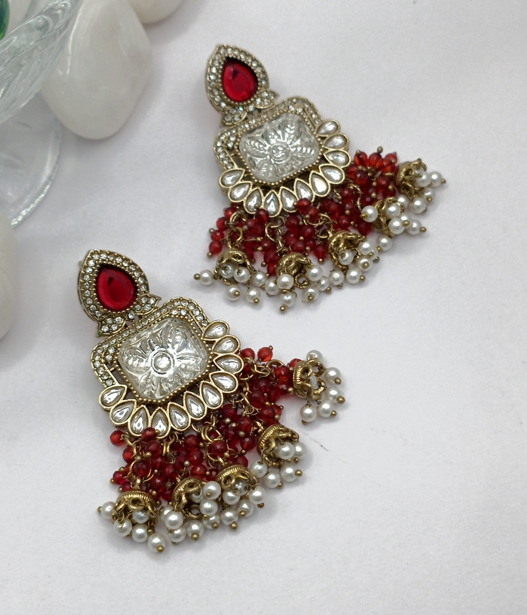 Kundan Polki White Stone & Green pistachio Pearl Earring