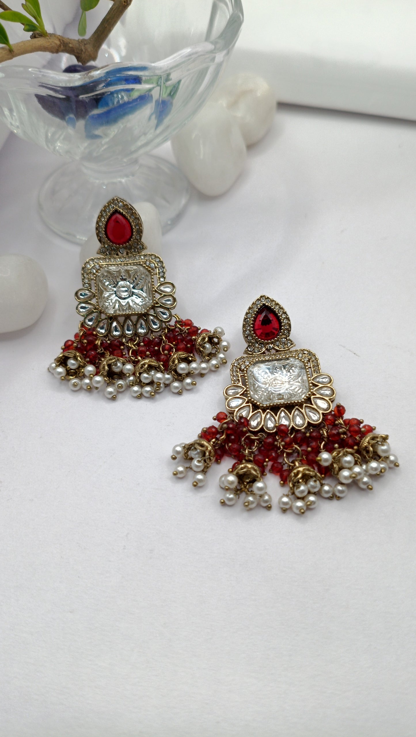 Kundan Polki White Stone & Green pistachio Pearl Earring