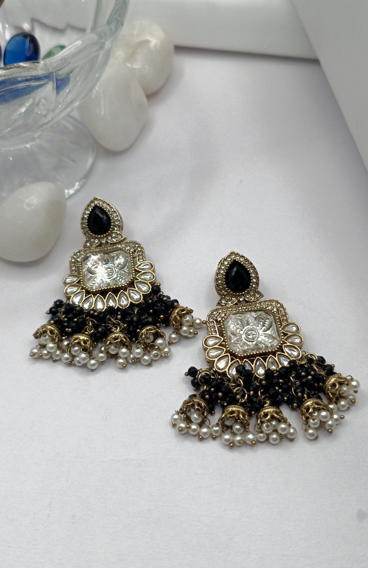Kundan Polki White Stone & Green pistachio Pearl Earring