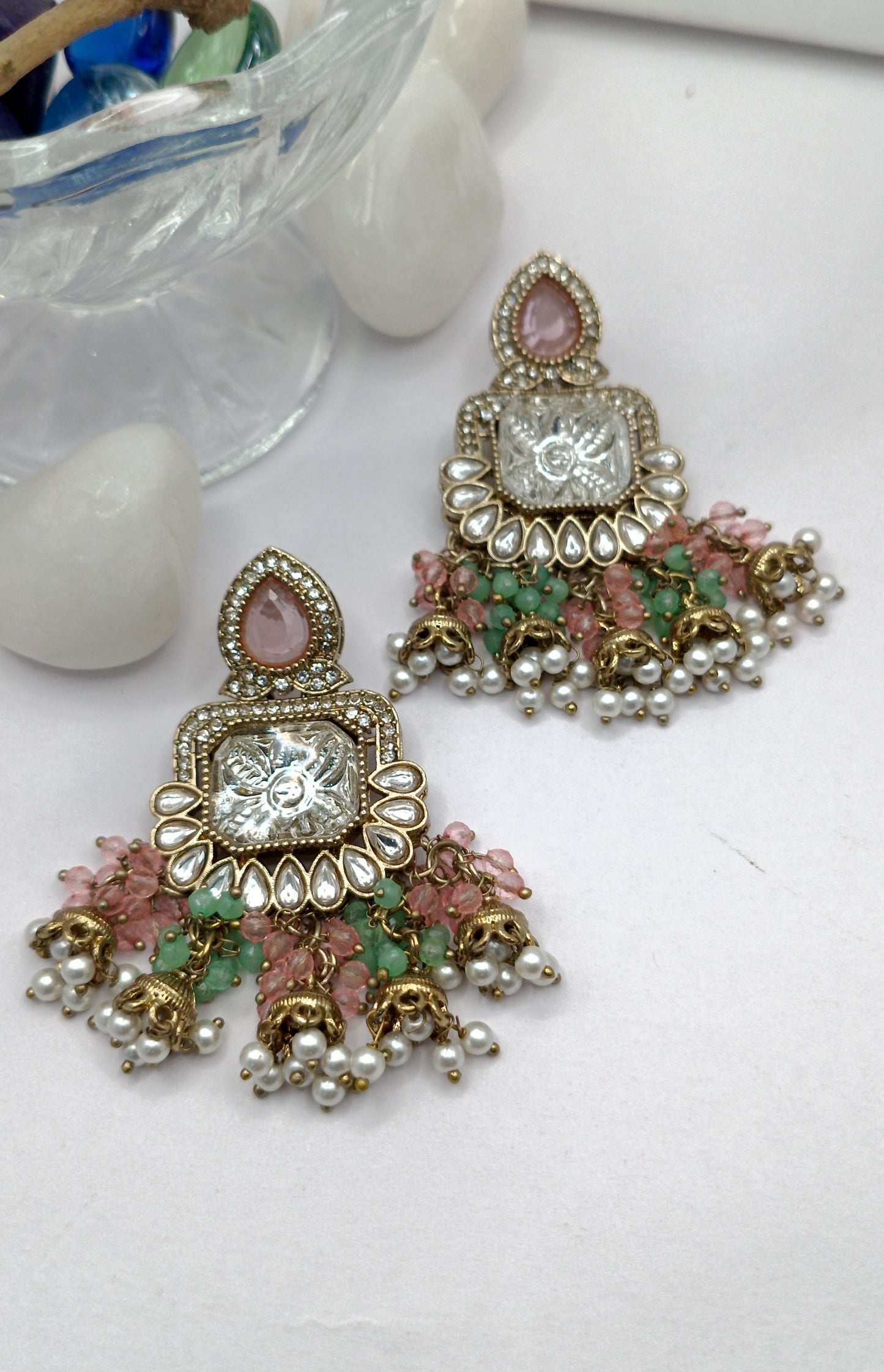 Kundan Polki White Stone & Green pistachio Pearl Earring