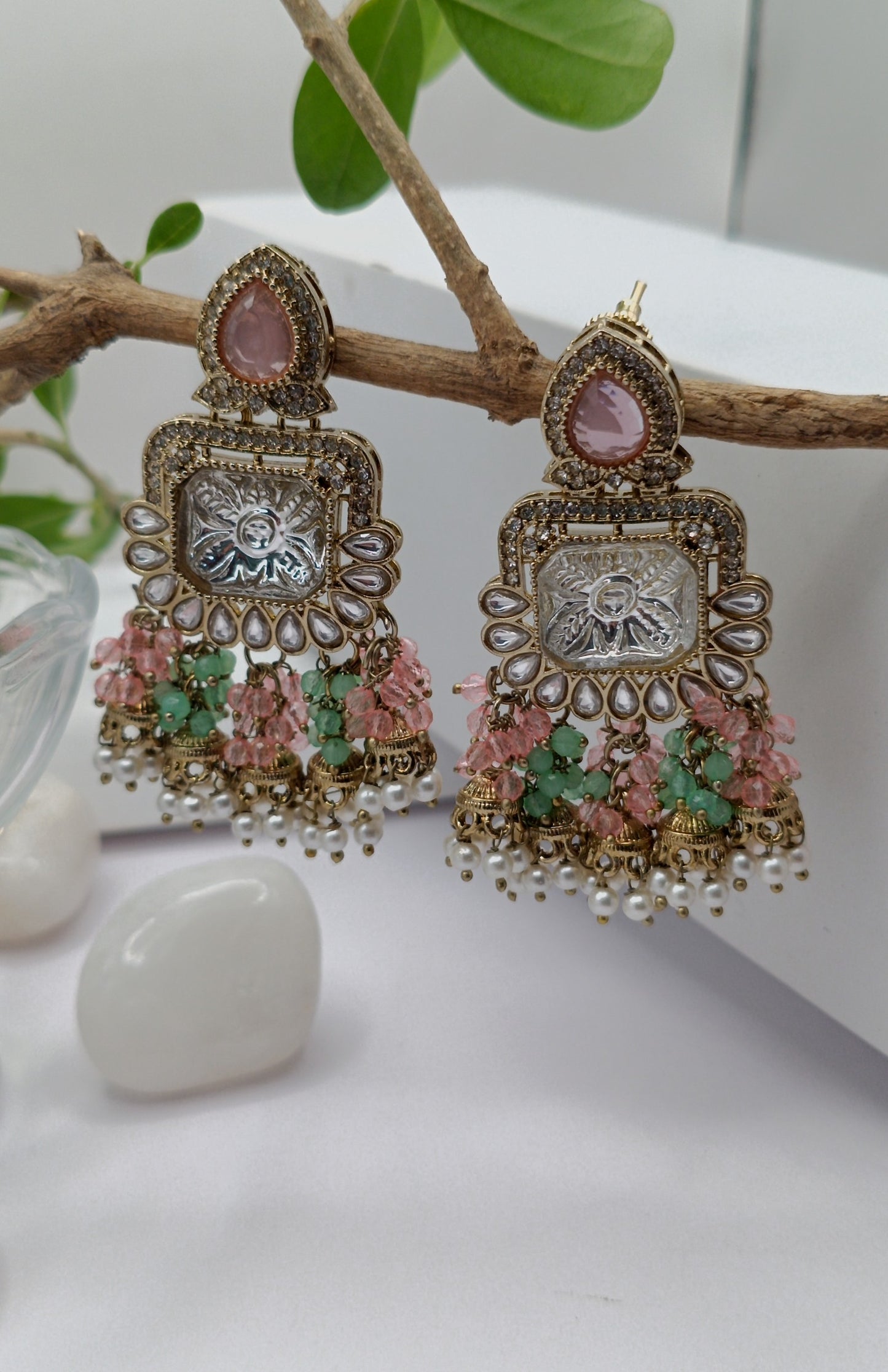 Kundan Polki White Stone & Green pistachio Pearl Earring