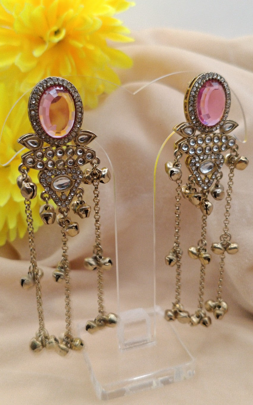 Pink Stone Kashmiri Jhumka Earrings
