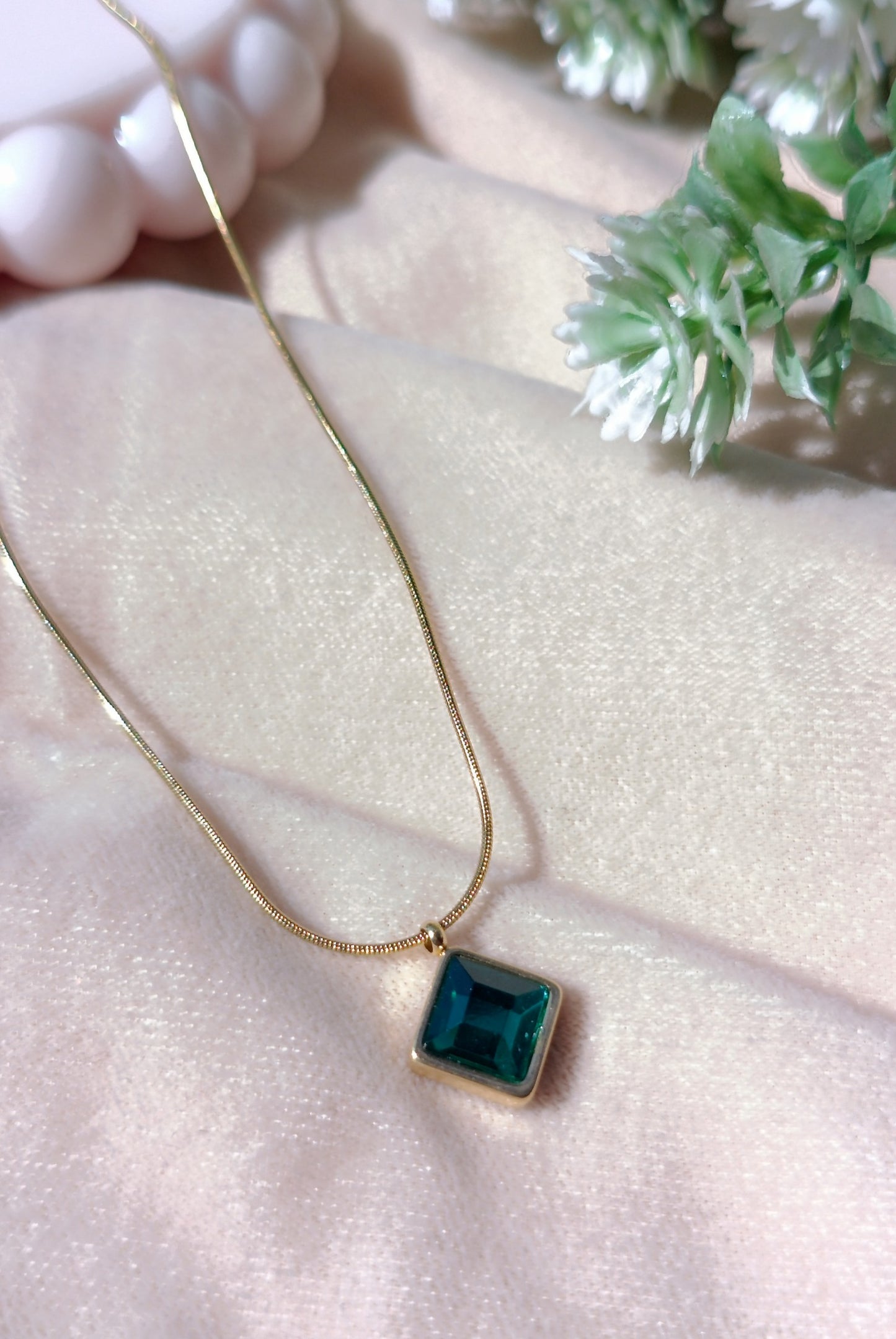 Square-Cut Green Emerald Style Crystal Pendant Necklace