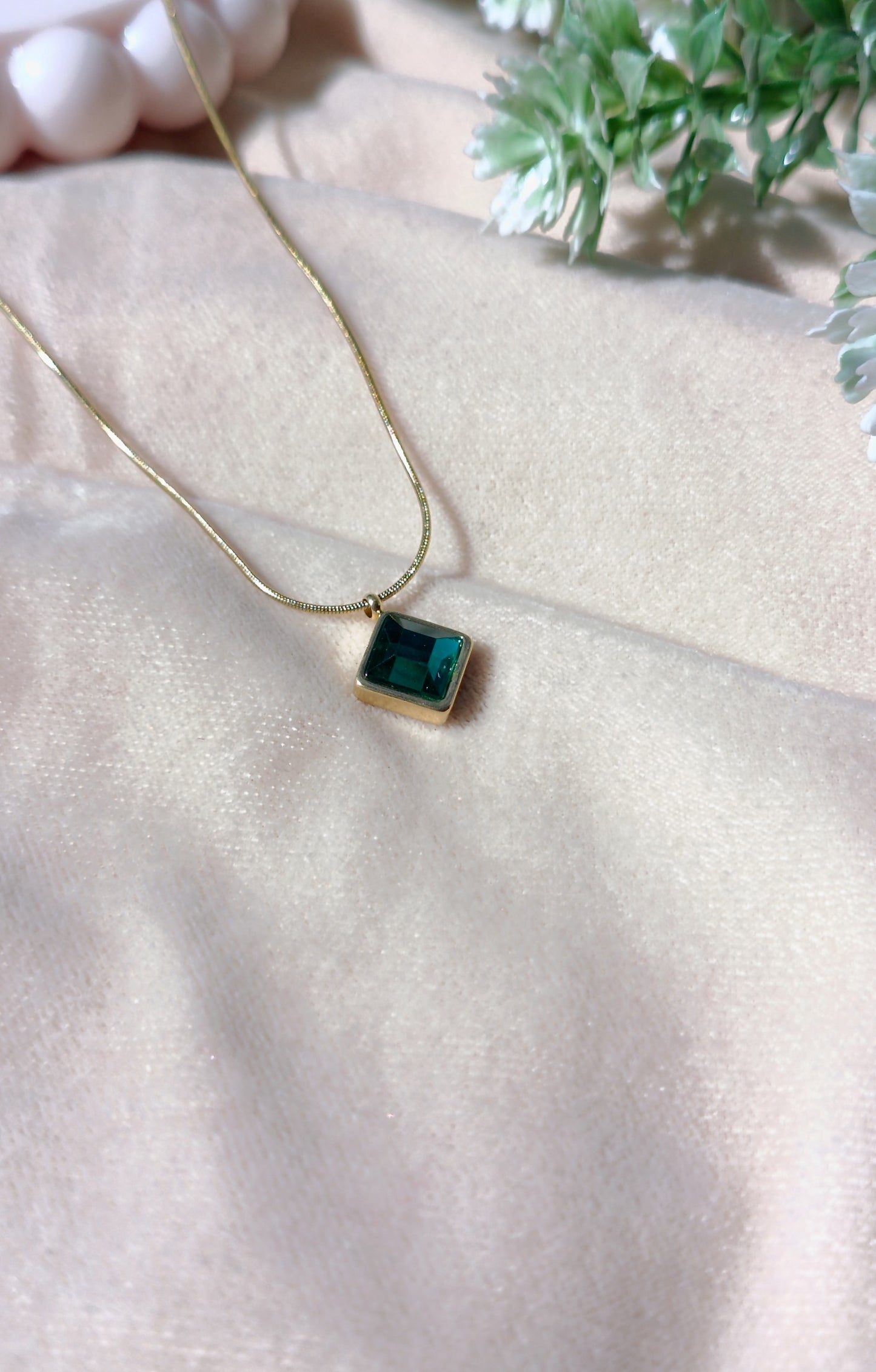 Square-Cut Green Emerald Style Crystal Pendant Necklace