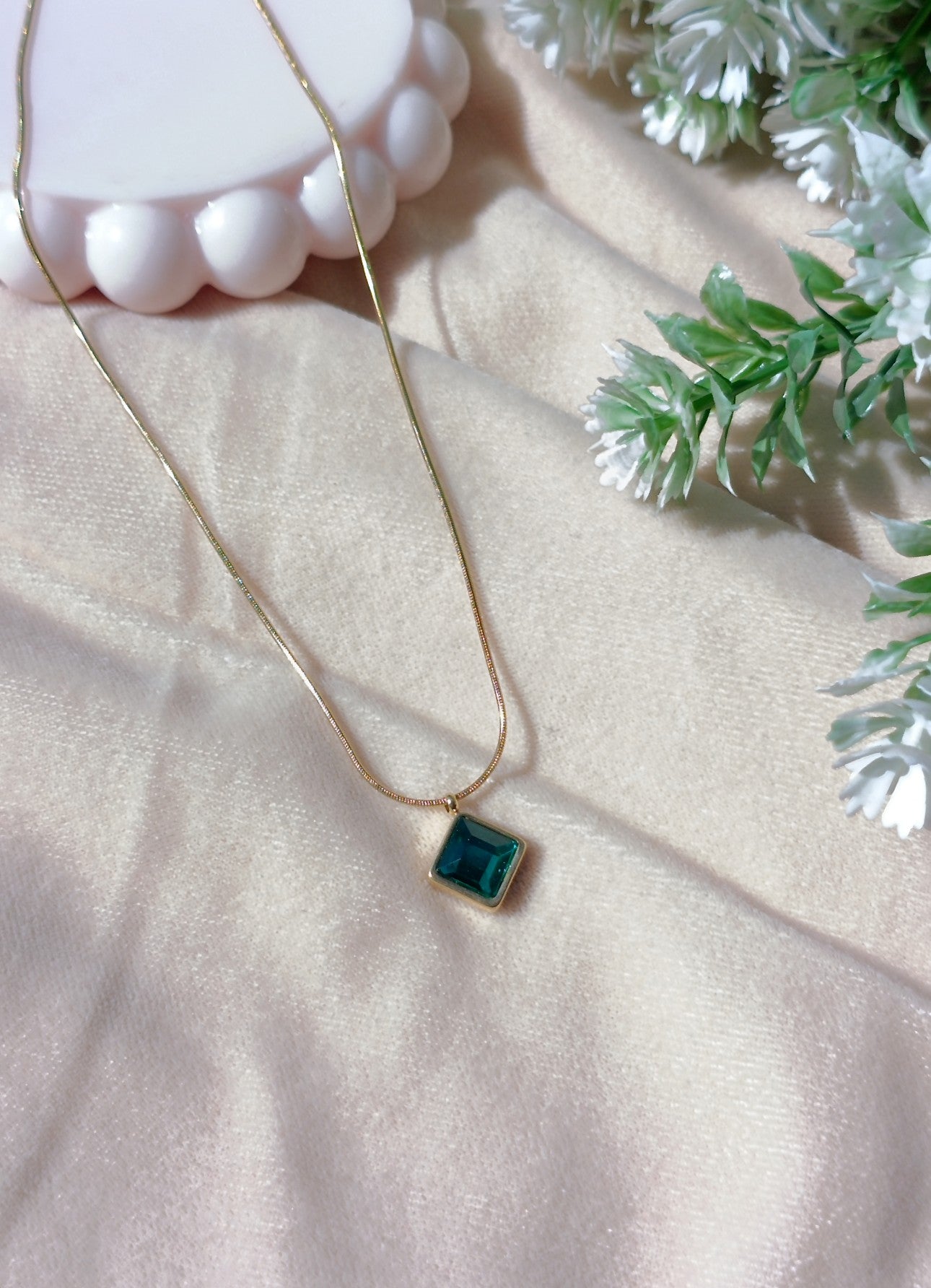 Square-Cut Green Emerald Style Crystal Pendant Necklace