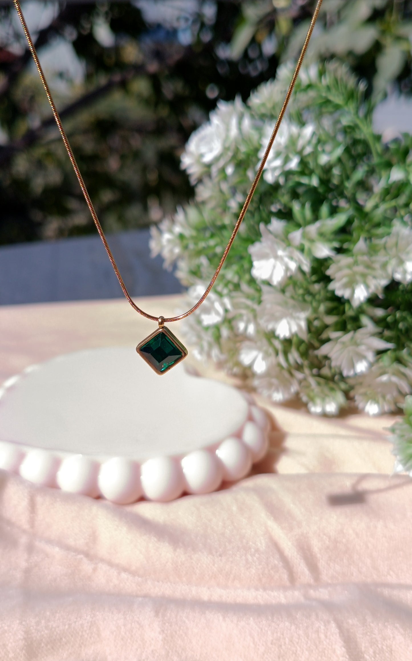 Square-Cut Green Emerald Style Crystal Pendant Necklace