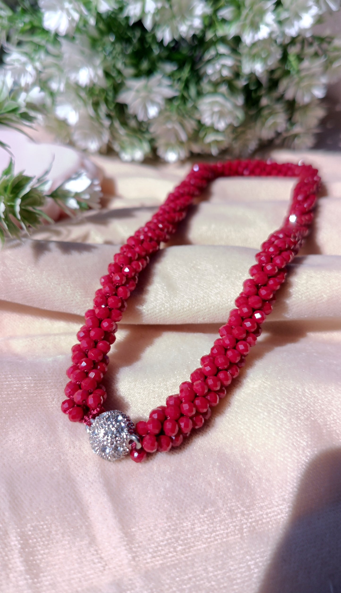 Maroon Crystal Necklace with Magnetic Ball Clasp