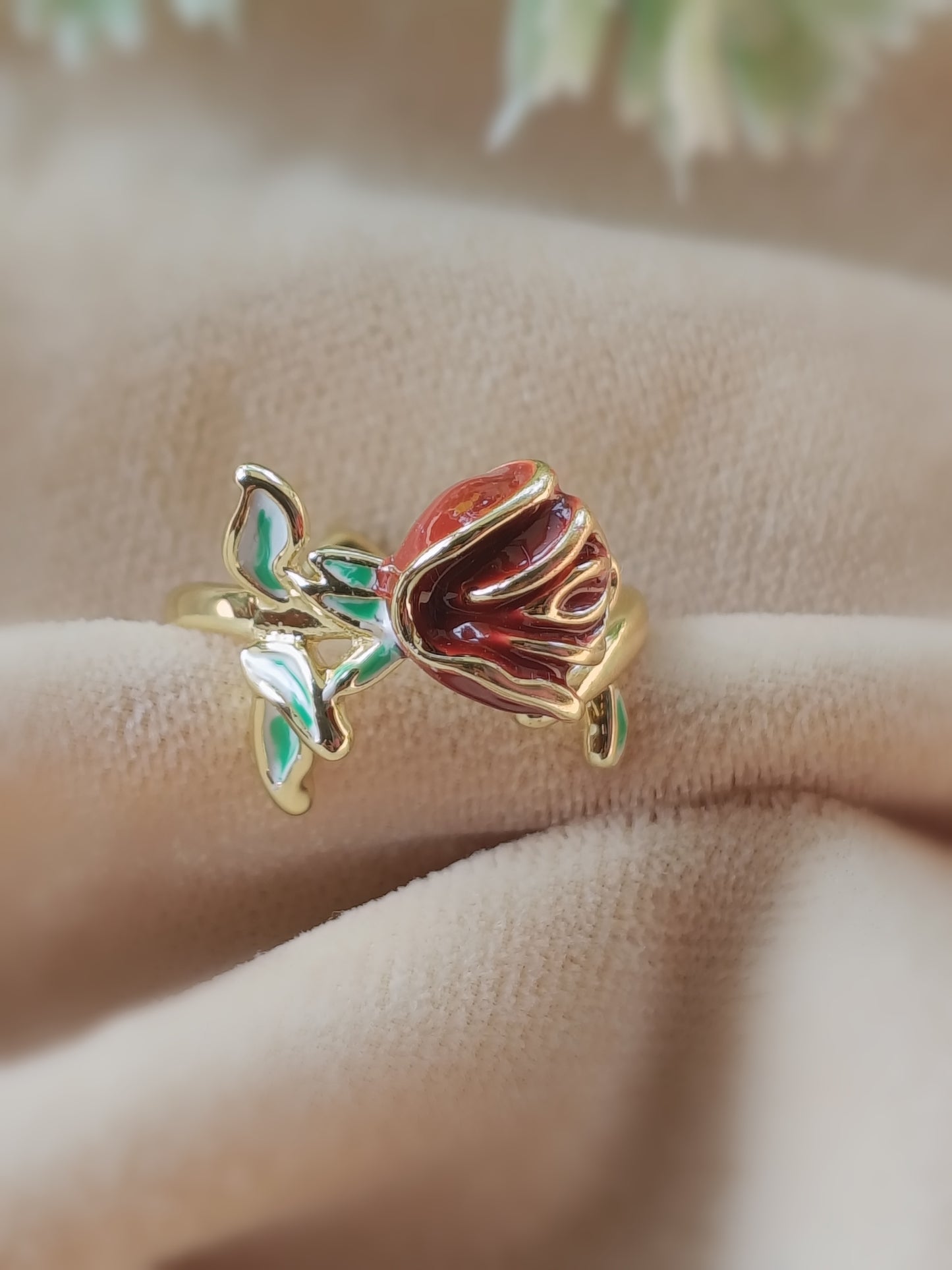 Anti Tarnish_Gold Plated Rose Enamel Ring