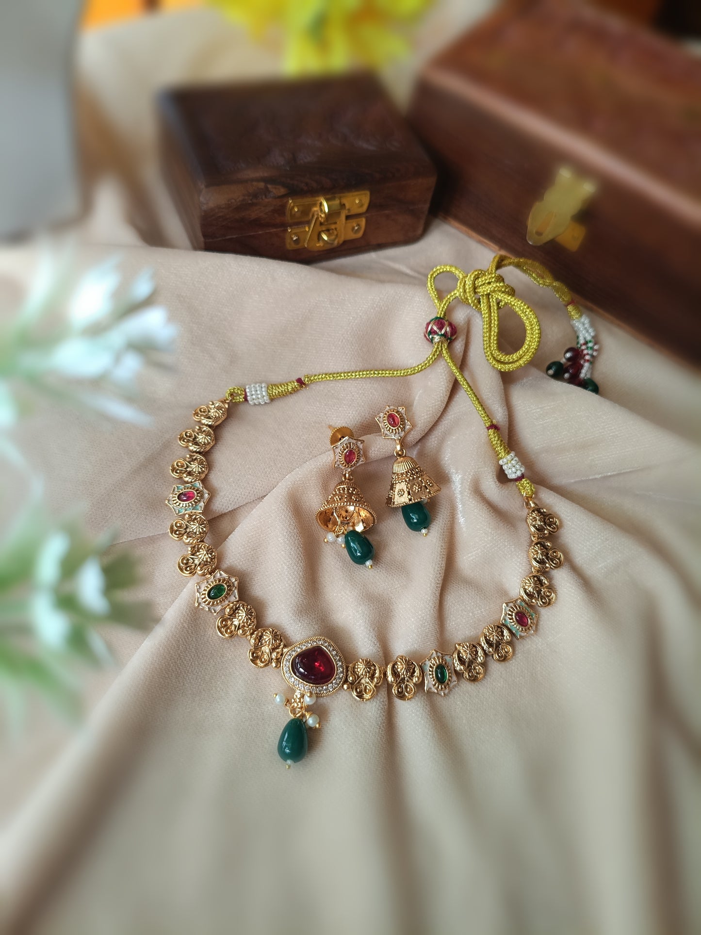 Gold Plated_Necklace Set With Ruby Stone