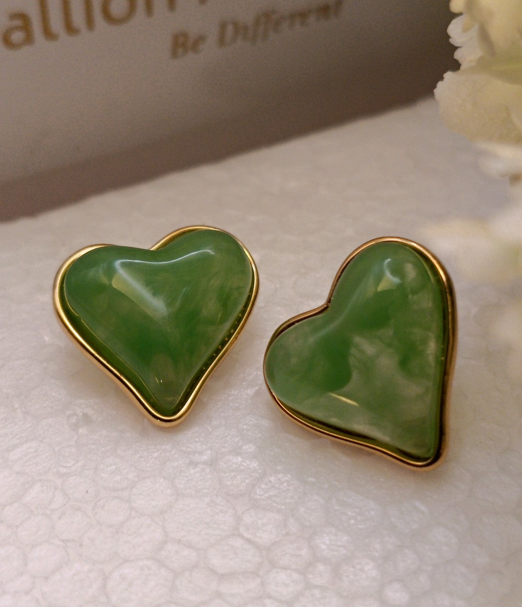 Anti Tarnish_Gold Plated Heart-shaped Jade Stud Earrings