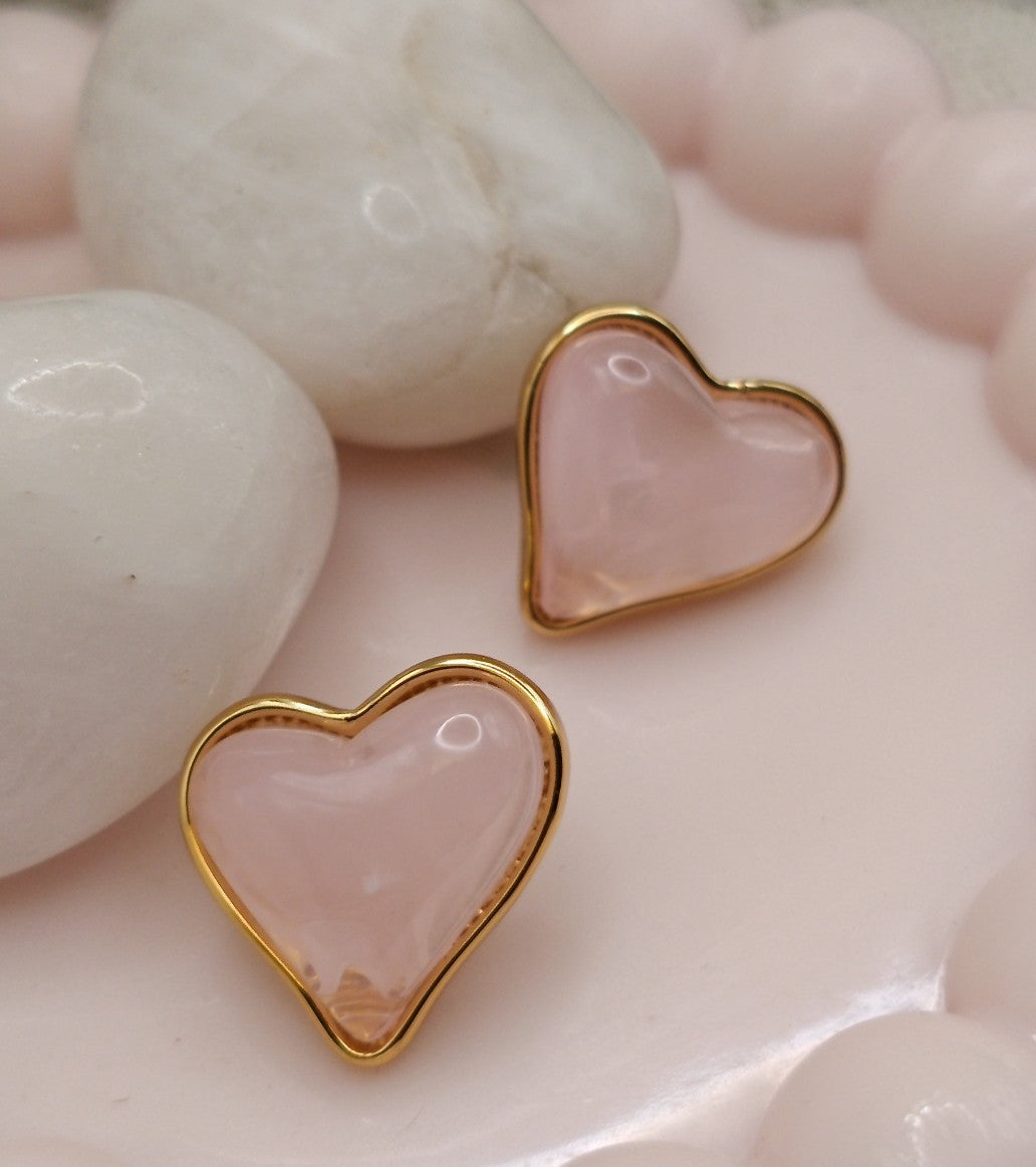 Anti Tarnish_Gold Plated Heart-shaped Jade Stud Earrings