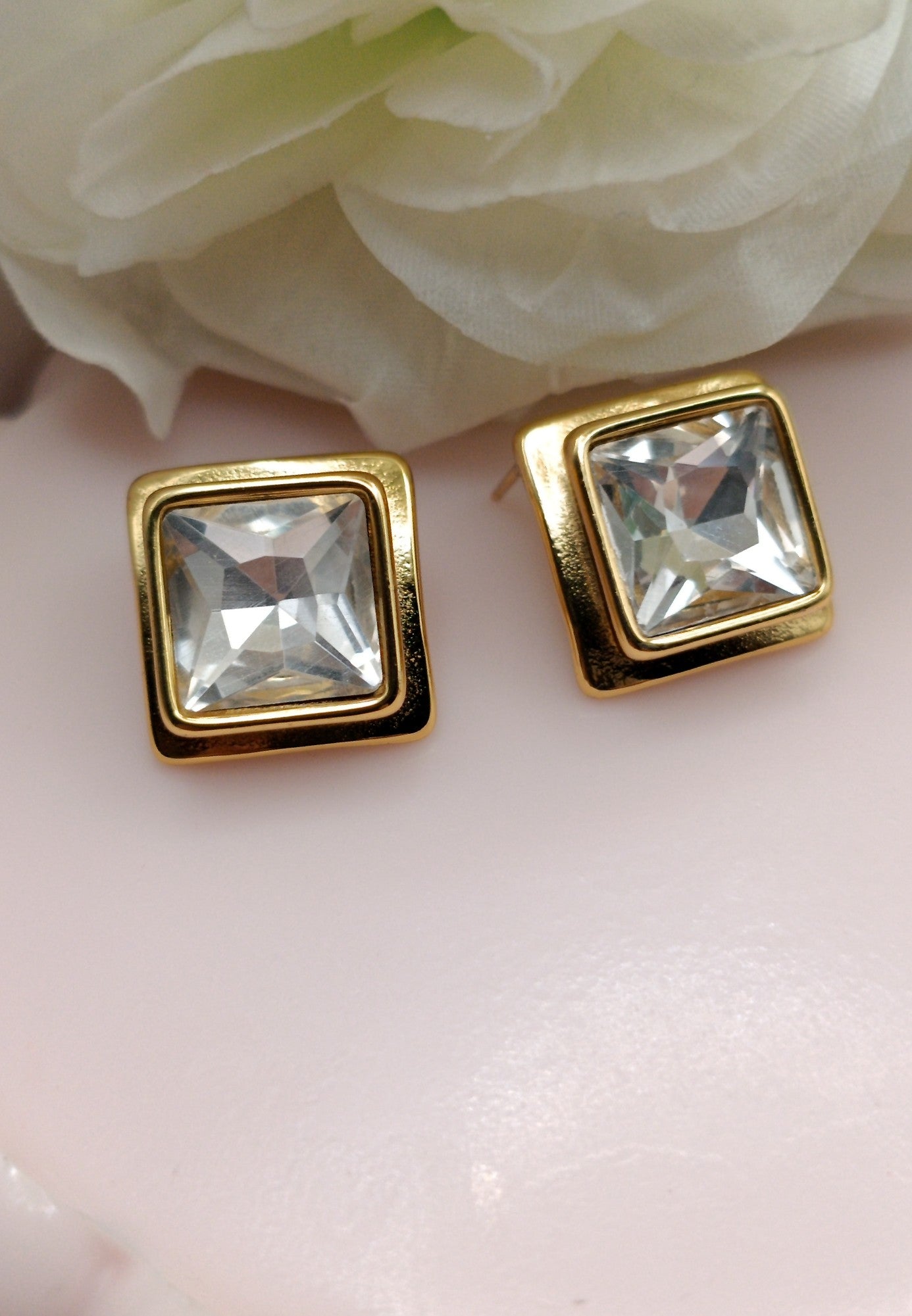 Anti Tarnish_Gold-Plated Princess Cut Stud Earrings