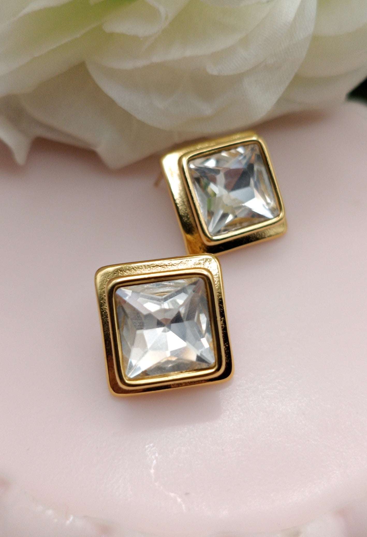Anti Tarnish_Gold-Plated Princess Cut Stud Earrings